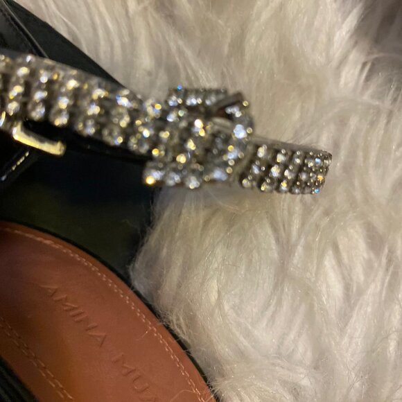 Amina Muaddi Ursina Black Patent Leather Crystal Heeled Shoes - Picture 3 of 8